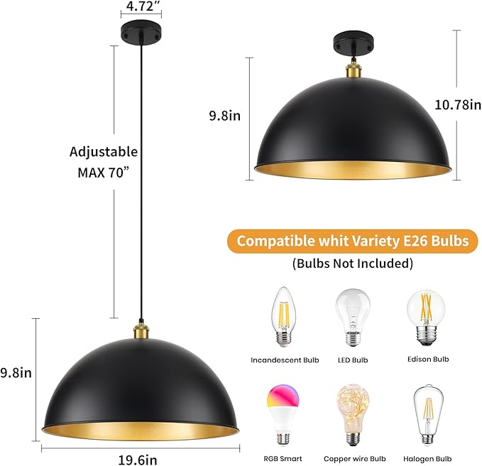 20 Inch Black Pendant Light Fixtures, Vintage Pendant Lights Kitchen Island, Adjustable Height Large Farmhouse Pendant Light for Kitchen Dining Room Bedroom 2 Pack
