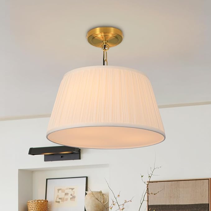 Electro bp; 15”Dia White Pleated Fabric Drum Shade Ceiling Light Fixture Farmhouse Brocade Linen Cone Shape Close to Semi-Flush Mount,Polished Gold,3 Sockets,E26,180W,Large;