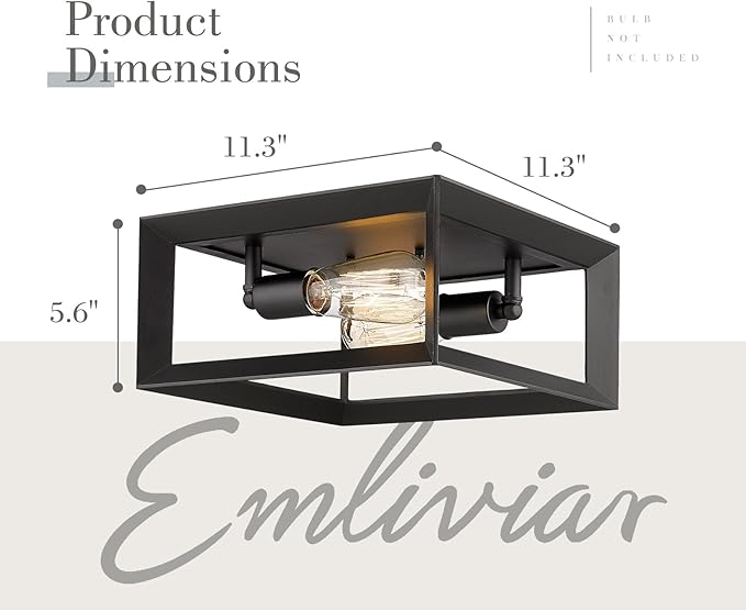 Emliviar 2-Light Flush Mount Ceiling Light, 11 Inch Farmhouse Ceiling Light Fixture for Bedroom, Black Finish with Aluminum Frame, 3040-2 BK