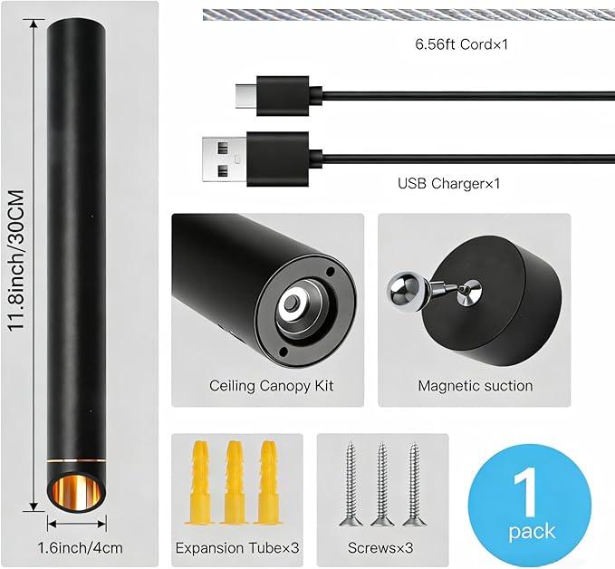 Rechargeable Pendant Lights Fixtures for Kitchen Island, Modern Pendant Light, 6000mAh Battery, 3 Color Dimmable No Wiring Hanging Lights, Adjustable Industrial LED Cylinder Pendant Lamp-Black