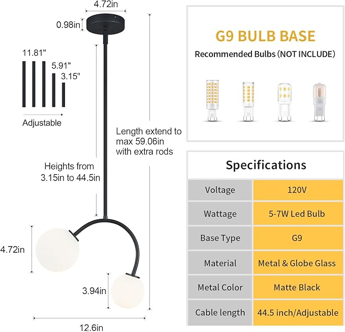 Modern Pendant Light Fixtures, 4.72" Milk Glass Pendant Lights Kitchen Island, Matte Black Kitchen Island Chandeliers for Dining Room, 2 Round Globe-2 Pack,G9 Bace(Bulb Not Included)