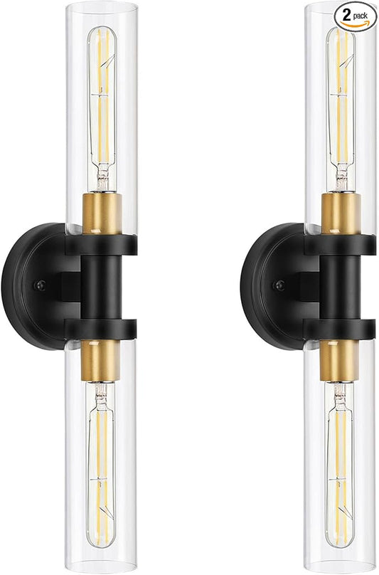 SANTOSTOCK Hardwired Wall Sconces Set of 2, Bathroom Sconces Vanity Light Fixture with Clear Glass, Black and Gold Farmhouse Wall Lights for Bathroom Mirror Living Room Hallway Kitchen