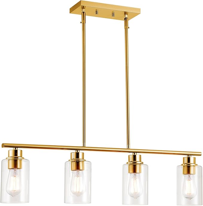 mavcadonf Kitchen Island Light, 4-Light Pendant Lighting, Farmhouse Industrial Dining Room Light Fixtures for Kitchen Island Dining Living Room, Brushed Gold with Clear Glass Shade