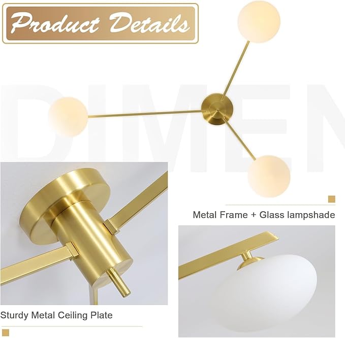 3-Light Flush Mount Sputnik Ceiling Light Fixture,Gold Brass Chandelier Mid Century Modern,Family Dining Table Lighting,Bedroom Kitchen Island Living Room MCL03-GD