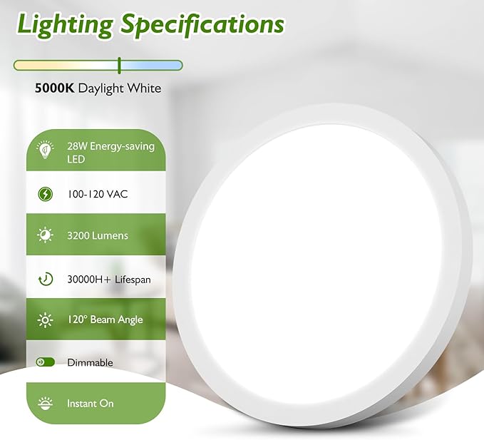 12Inch LED Flush Mount Ceiling Light Fixture, 28W 3200Lm Dimmable Modern Recessed Ceiling Lamp, 5000K Daylight White Round Low Profile Ceiling Light for Kitchen Closet Bedroom Hallway Laundry, 6-Pack