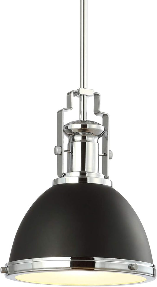JONATHAN Y 10" Black/Chrome Modern Industrial Iron LED Dome Pendant Light, Adjustable Hanging Fixture for Kitchen Island or Entryway, Black Metal Shade, LED Bulb Included (JYL9535B)