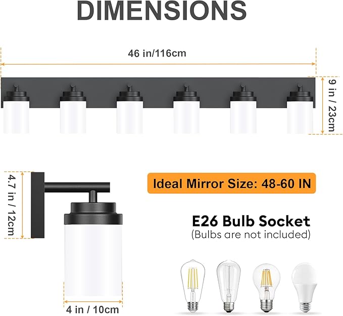 IZORRO Bathroom Vanity Light Fixture, 6-Light 46 Inch Matte Black Bathroom Light Fixtures Over Mirror, with White Glass Shade, Modern Farmhouse Vanity Lights, Rustic Restroom Lighting Fixtures