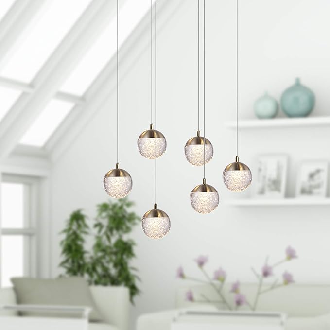 contec development Galaxy 6 Mini Pendant Crystall Ball Lighting Brass - LED Hanging Light Fixture: Kitchen Island, Bar, Foyer - Cluster Pendants - Dimmable, Adjustable Wire, Lamp Bulb Included