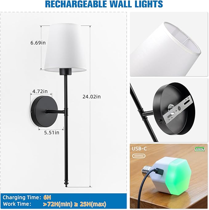 NIORSUN Battery Operated Wall Sconce Set of Two, Black Rechargeable Wall Sconces with Dimmable Detachable Bulbs and Remote, Wireless Wall Lights for Bedroom Living Room Hallway Home Decor