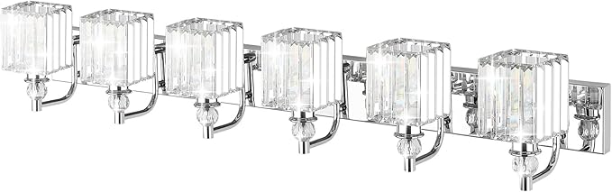 Ralbay Crystal Vanity Light 6 Light 48''Modern Chrome Bathroom Vanity Lighting Over Long Mirror Crystal Bathroom Wall Lighting Fixtures