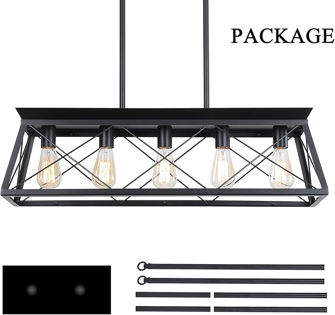 Farmhouse Chandeliers for Dining Room, Rustic Kitchen Island Light Fixture, 5-Light Linear Pendant Lighting Rectangular Chandelier, Metal Solid Ceiling Lights Black