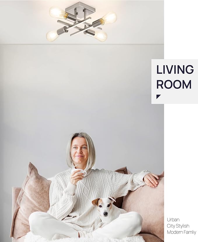 Industrial 4-Light Semi Flush Mount Ceiling Light Fixture, Modern Brushed Nickel Chandelier Lighting Sputnik Ceiling Lamp with E26 Bulb Base for Kitchen Bedroom Living Room Hallway Entryway