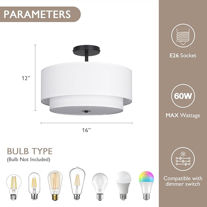 16" Dual Drum 3-Light Semi Flush Mount Ceiling Light, White Classic Fabric Linen Shade Design for Living Room, Bedroom, Kitchen, Dining Room, Hallway and Entryway