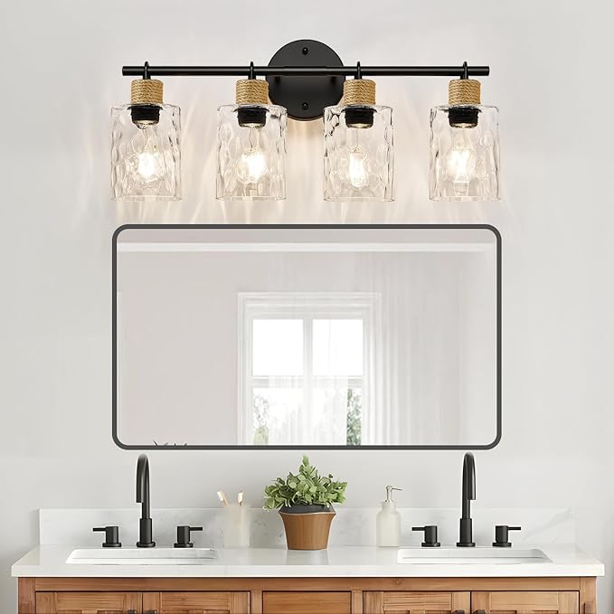 MOKATNG Bathroom Light Fixtures, 4-Light Coastal Vanity Lights with Crystal Glass Shade, Black Bathroom Wall Lamp for Mirror Kitchen Hallway Cabinet
