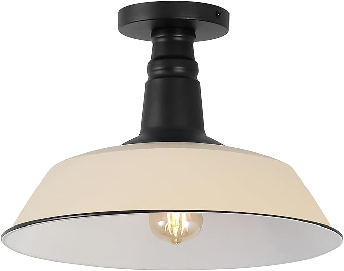 JONATHAN Y 14" Matte Almond/Black 1-Light Industrial LED Semi Flush Mount Ceiling Light for Porch, Kitchen, Entryway, Modern Farmhouse Iron Fixture, White Metal Shade, LED Bulb Included (JYL7617J)