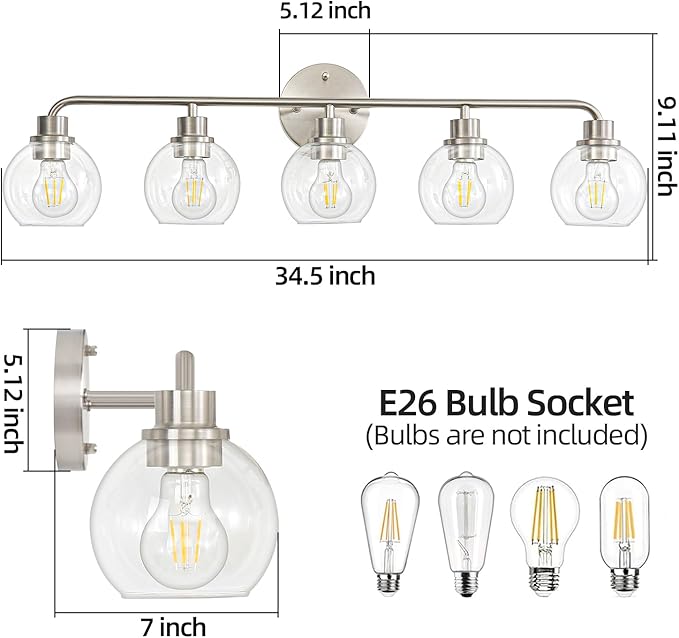Bathroom Light Fixtures 5 Light Brushed Nickel Vanity Light Silver Modern Wall Sconces Lighting Bathroom Lights with Globe Glass Shade Bath Wall Lights for Mirror Kitchen Living Room Hallway 34.5"
