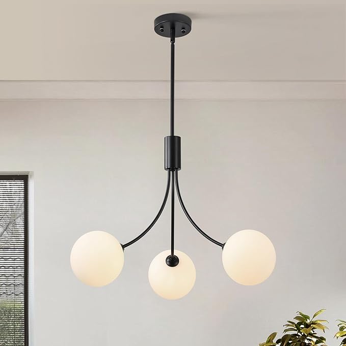 CNRATYE 3-Light Modern Farmhouse Black Chandeliers for Entryway, Mid Century Milk Globe Sputnik Chandelier, Vintage Pendant Lighting for Kitchen Island Dining Room Foyer Bedroom Bathroom