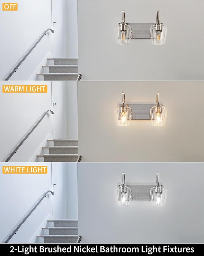 Brushed Nickel Bathroom Light Fixtures Bathroom Vanity Light with Clear Glass Shade, 2-Light Modern Wall Lights for Bedroom Hallway Living Room (E26 Base)