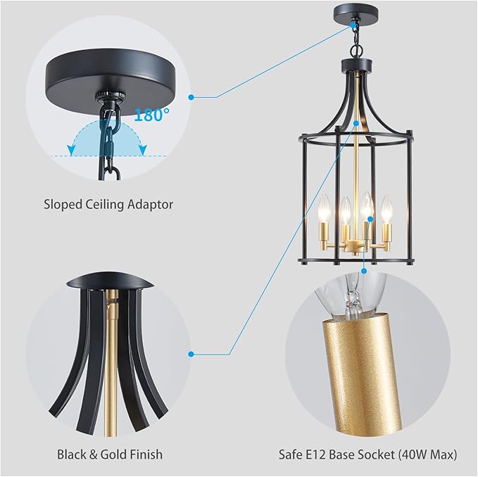 XINGQI Lantern Pendant Light Modern Geometric Hanging Chandelier Black and Gold 4 Lights Adjustable Height Cage Pendant Lighting Fixture for Kitchen Entryway Hallway Foyer