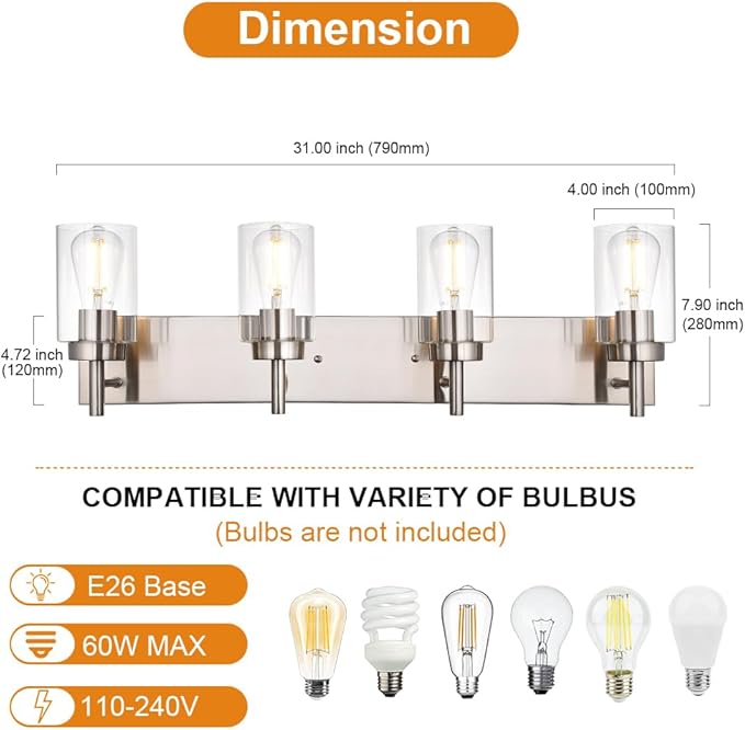 VINLUZ 4 Lights Bathroom Vanity Light Fixture Brushed Nickel Sconces Wall Lighting Modern Industrial Indoor Wall Mounted Lamp for Kitchen Dining Room (Patent No.: US D958,438 S)