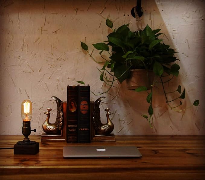 Industrial Steampunk Desk Lamp,Vintage Steam Punk Piping Table Top Lamp,Antique E26 Small Edison Bulb Iron Retro Lamps with Minimalist Loft Style Accent Wood Base for Bedside,Café,Bar,Pub,etc
