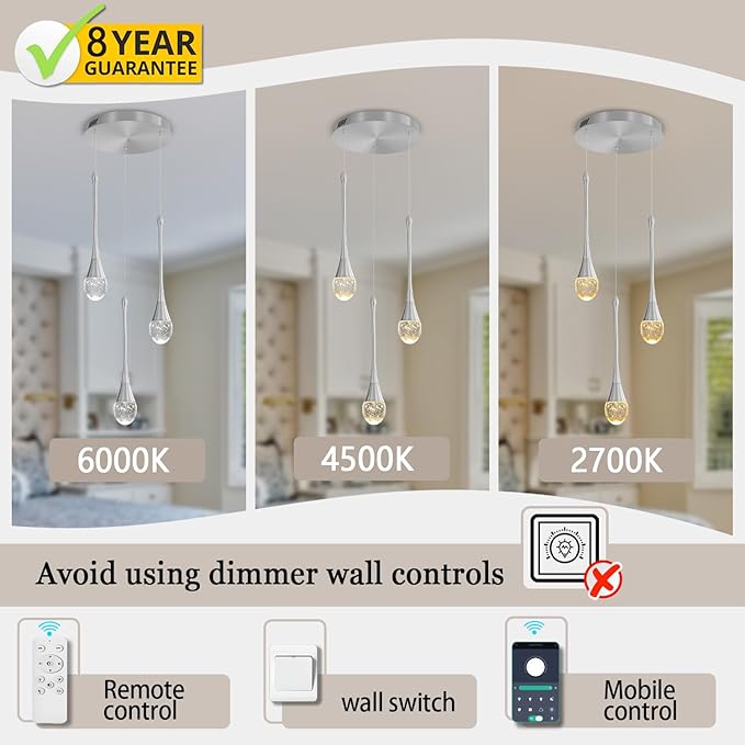ykolupty Pendant Lights Kitchen Island 3-Lights Silver Crystal Chandelier for Dining Room Hallway Stairwell,LED Dimmable 2700K-6000K