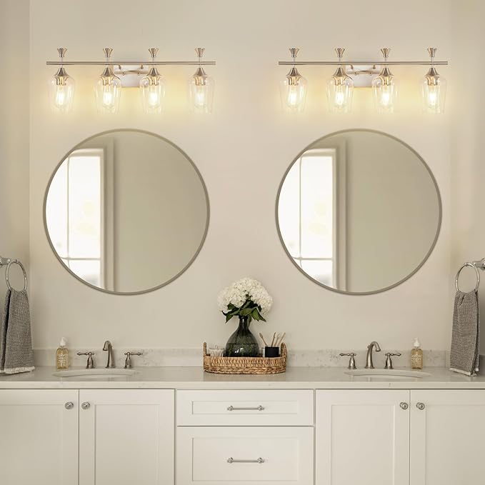 Bathroom Light Fixtures (4-Light, 29 Inch), Brushed Nickel Vanity Lights for Bathroom with Clear Wine Glass Glass Shade, Modern Vanity Wall Lights for Mirror Bedroom Living Room Kitchen Hallway Porch