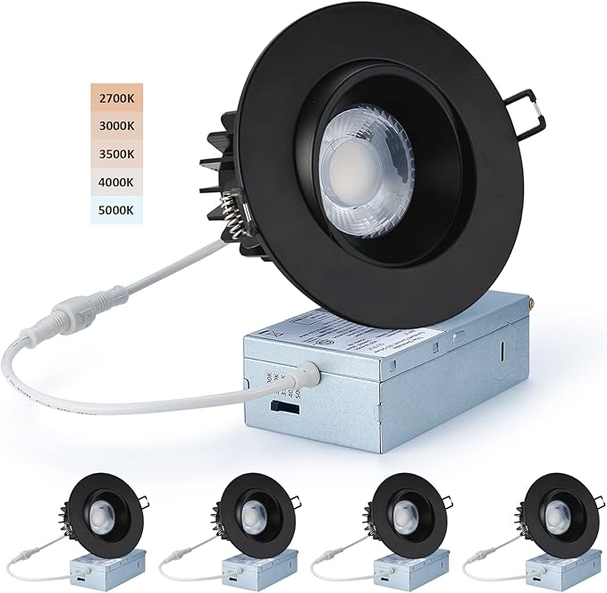 POPANU Canless Recessed Gimbal Downlight - Suitable for 20ft High Ceiling 1200lm 4 Inch 15W LED Rotatable Eyeball Spotlight, 5CCT Dimmable Lights with Junction Box, Anti-Glare, Black 4 Pack