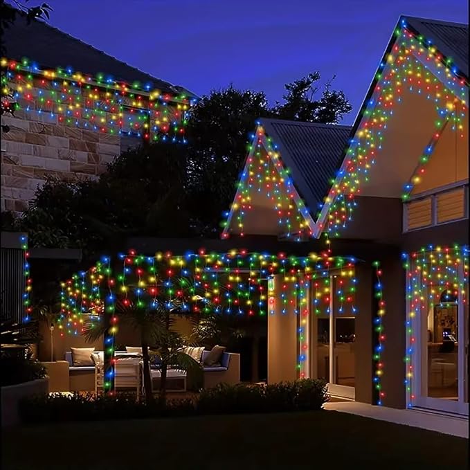 Sherno 1Pcs LED Solar String Lights, 8 Modes Icicle Curtain Lights, Outdoor Fairy Lights for Christmas, Garden, Party Decoration (Multicolor, 137.8inch 96LEDs)