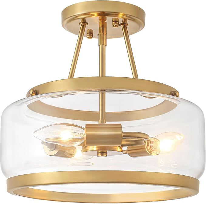 Brushed Gold Modern Ceiling Light Semi Flush Mount Hallway Lights Entryway Chandelier 3-Light Drum Glass Bathroom Ceiling Lighting Fixtures for Kitchen Foyer Bedroom Laundry Dining Room