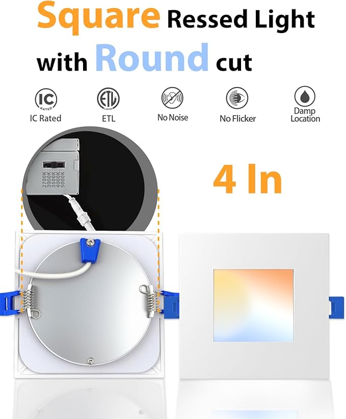 Adetu 12 Pack 4 inch Square Led Recessed Lighting, 5CCT Ultra Thin Square Led Ceiling Light with Junction Box, 10W 860LM, CRI90, 2700K-5000K Selectable, Dimmable Canless Downlight, ETL and Energy Star