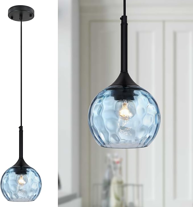 JHLBYL Glass Pendant Lights Kitchen Island: 5.91'' 1-Light Blue Hammered Glass Pendant Light with Black Finish - Modern Minimalist Hanging Light Fixture for Kitchen Sink Dining Room - E26 Base