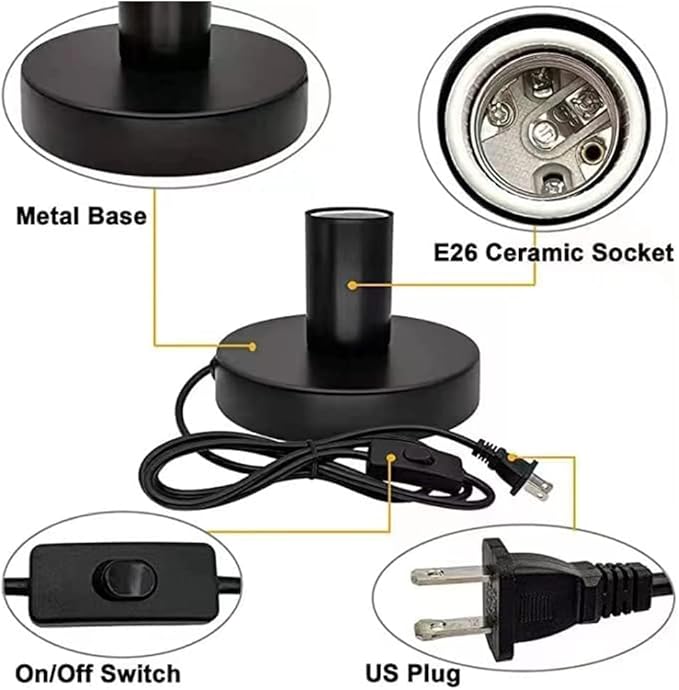 Industrial Table Lamp Base,Small Polished Metal Desktop Light Sockets Base Only,Vintage E26/E27 Edison Screw Light Bulb Holder Base,with 6ft Cord Switch Plug Bulb Base Holder（Black）
