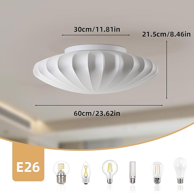 ziidoo 3-Light Semi Flush Mount Ceiling Light,23.6in White Imitation Silk Wabi Sabi Round Lantern 3000K Modern Close to Ceiling Light fixtures for Bedroom Living Room Entryway Hallway