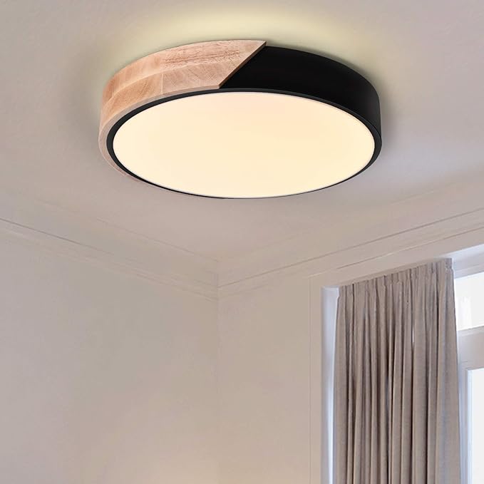 EDISLIVE Ceiling Light Dimmable 11 inch Modern Minimalist LED Round Shaped Wood & Metal & Acrylic Flush Mount Ceiling Light with Remote Control Black