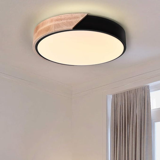 EDISLIVE Ceiling Light Dimmable 11 inch Modern Minimalist LED Round Shaped Wood & Metal & Acrylic Flush Mount Ceiling Light with Remote Control Black