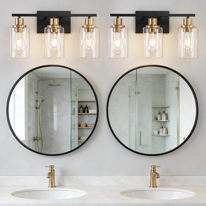 Bathroom Light Fixture Black Gold Vanity Lights Over Mirror, 3 Light Wall Sconces Lighting with Clear Glass Shades, Modern Wall Lights Wall Lamp for Mirror, Hallway Kitchen Bedroom Cabinet