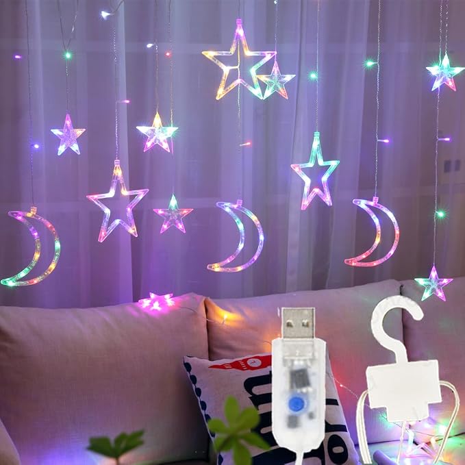 138 Led Curtain String Light Star Moon Icicle Light with 8 Lighting Modes with Timer Remote USB Operated Dimmable Fairy String for Window Wall Home Decoration