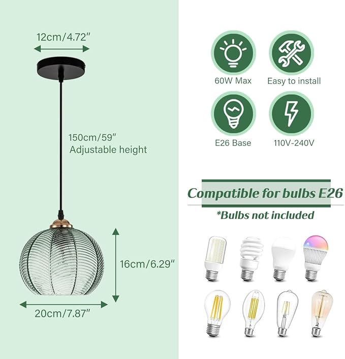2 Pack Glass Pendant Light Kitchen Island Pendant Lights with Green Glass Shade Hand Blown 1-Light Globe Pendant Light Gold Vintage Hanging Light for Dining Room Bedroom