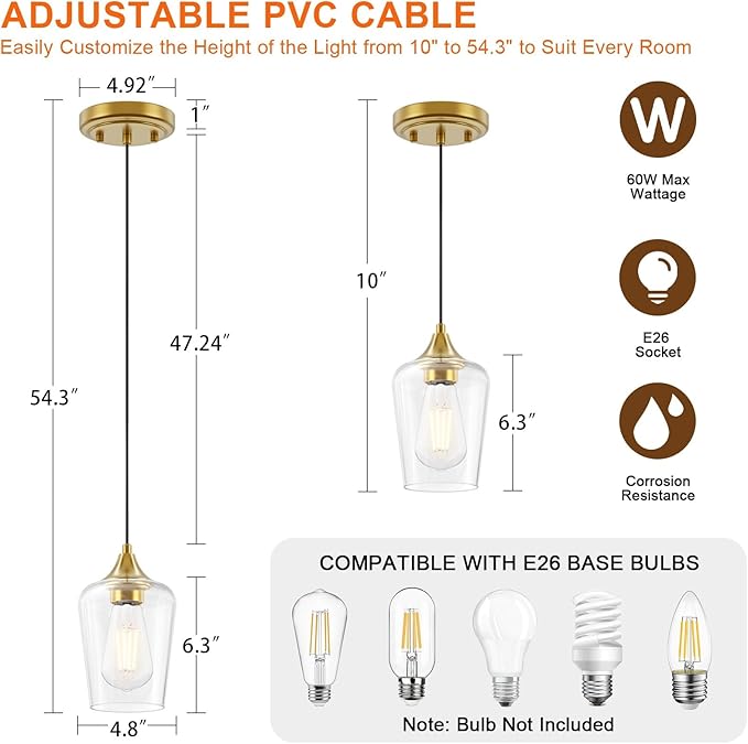 Ralbay Farmhouse Brushed Gold Pendant Light 2-Pack, Pendant Light Fixtures with Wine Clear Glass Shade, Kitchen Island Lighting for Dining Room, Rustic Adjustable Hanging Lighting Fixture