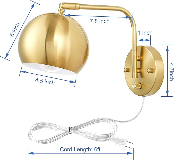 VATONI Wall Sconce with Remote Control, Plug in Wall Sconces Dimming 0-100% and Adjustable Color Temperature 2700K-6000K, Brushed Brass Globe Swing Arm Wall Lights with Plug in Cord(2 Pack, 2 Bulbs)