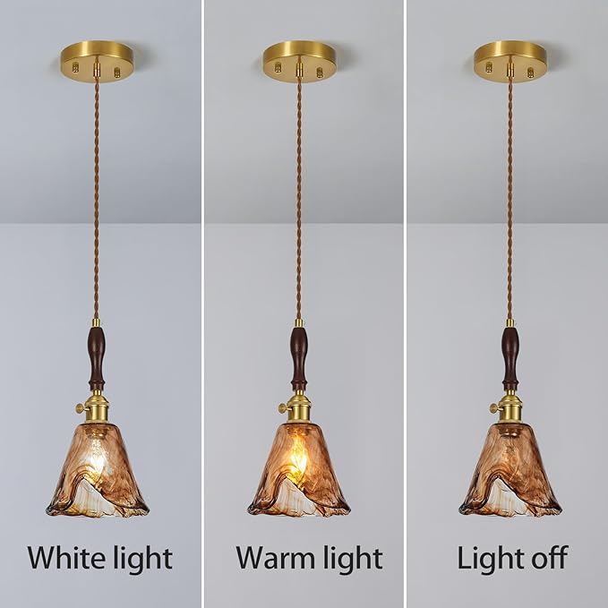 Amber Glass Vintage Pendant Light Height Adjustable Handmade Glass Pendant Lights Kitchen Island Gold Hanging Light Fixture with Wood Handle for Bedroom Dining Room Hotel (3 Pack)