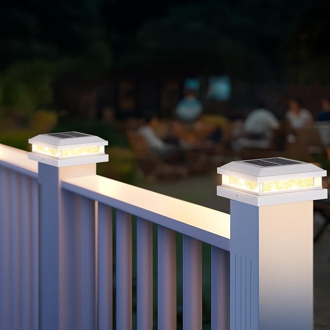 4x4 Solar Post Cap Lights Outdoor 16 Packs for 5x5 Vinyl/Wooden Posts, Waterproof Solar Powered Fence Cap Light with Warm/Cool Lighting, White 16LEDs Deck Caps Lights for Yard, Garden, Patio