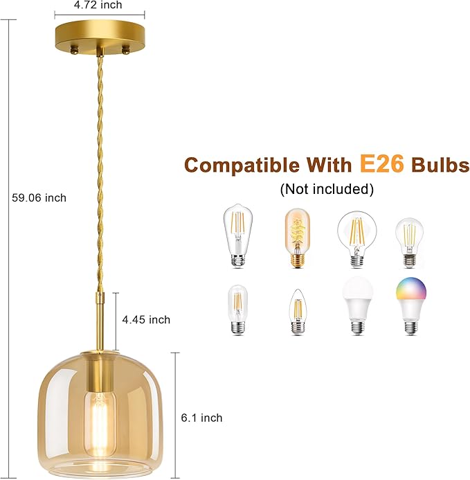 Pendant Lights 3 Pack,Pendant Kitchen Island Light with Amber Glass Shade,Gold Pendant Light Adjustable Hanging Light for Dining Room,Kitchen Island,Hallway,Living Room and Coffee Shop
