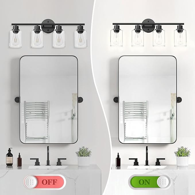 4-Light Black Bathroom Light Fixtures, E26 Modern Vanity Lights for Bathroom with Clear Glass Shade, Wall Lamps for Mirror Hallway Kitchen Cabinet Living Room Sconces Lights