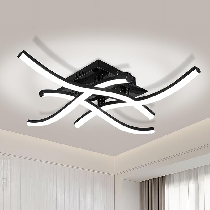 24W Modern LED Ceiling Light Fixture, 19.7Inch Curved Wave Ceiling Lamp for Bedroom, Kitchen, Hallway, Foyer Library Dining Room Black 6000K Modern Ceiling Light Fixture