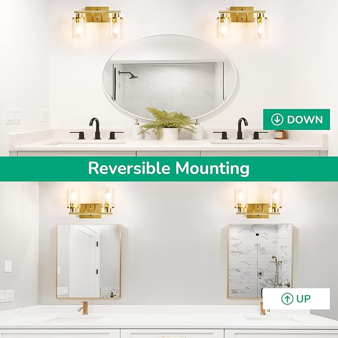 EDISHINE Bathroom Light Fixtures, 2-Light Gold Bathroom Vanity Light, Modern Wall Sconces with Clear Glass Shades for Powder Room, Vanity Table, Mirror, Kitchen (E26 Base)