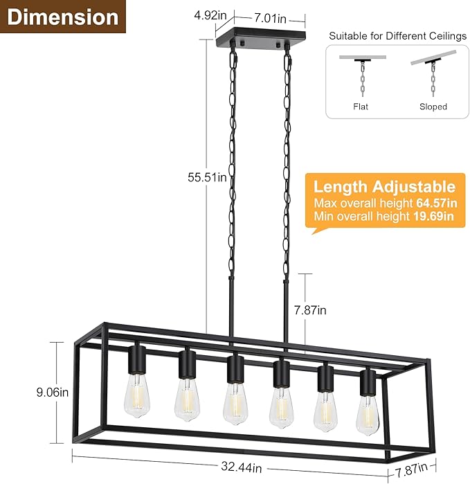 Boncoo 6 Light Black Chandeliers for Dining Room, Adjustable Height Linear Chandelier Kitchen Light Fixture, Modern Farmhouse Chandelier Rectangle Island Light for Kitchen Hanging Light Fixtures