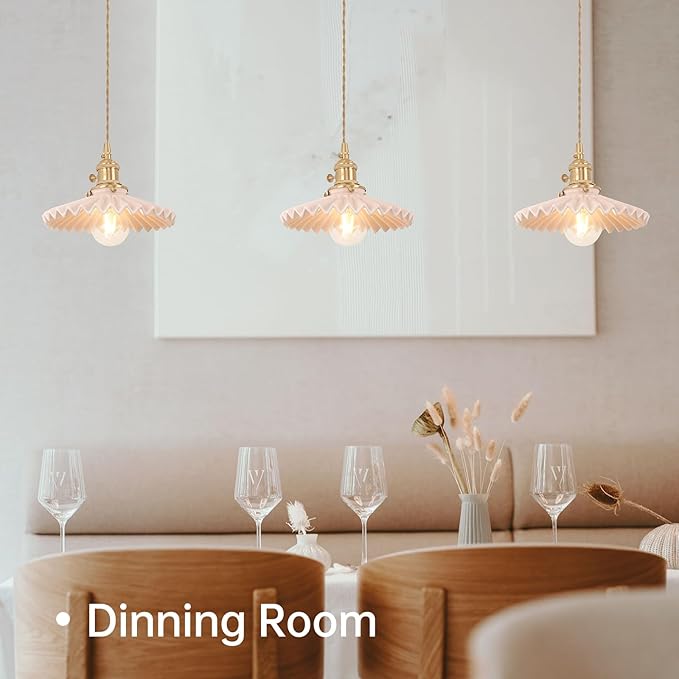 Shenmoyl Pendant Light with Pink Pleated Ceramic Lmapshade, Brass Vintage Pendant Light Adjustable Hanging Light for Kitchen Island Dining Room Hallway