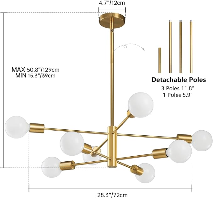 RUIYEY Modern Sputnik Chandeliers Light, 8-Light Gold Dining Room Chandelier Over Table, E26 Mid Century Ceiling Light Fixtures Height Adjustable Hanging Pendant Lighting for Entryway Foyer